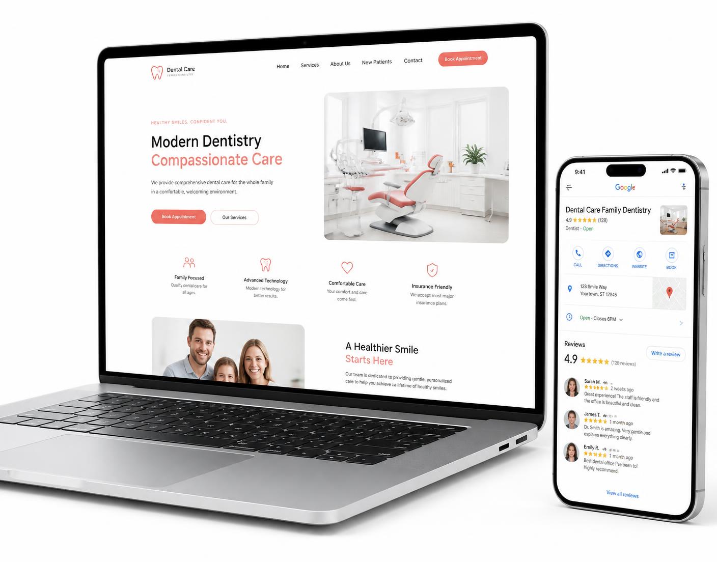 Site de clínica odontológica em notebook e Perfil da Empresa no Google em smartphone